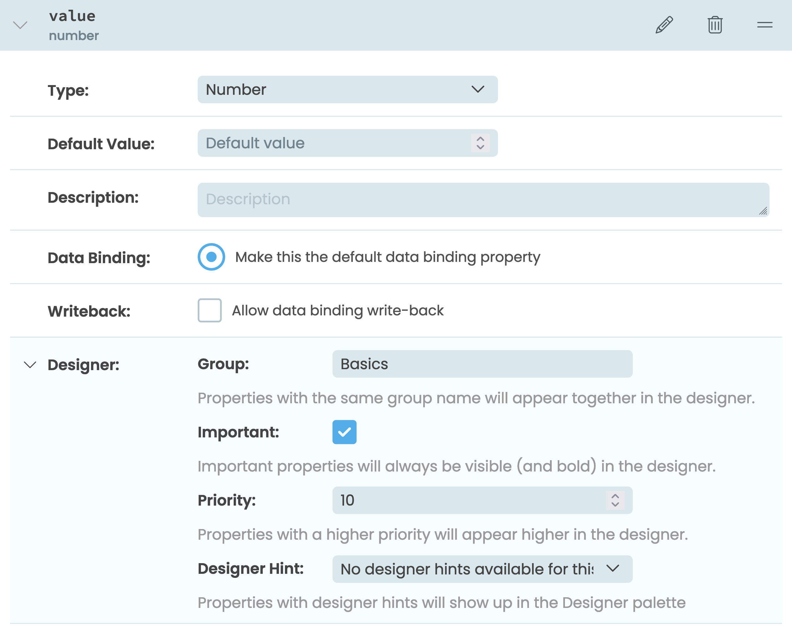 The menu for customising a property, including categorisation options