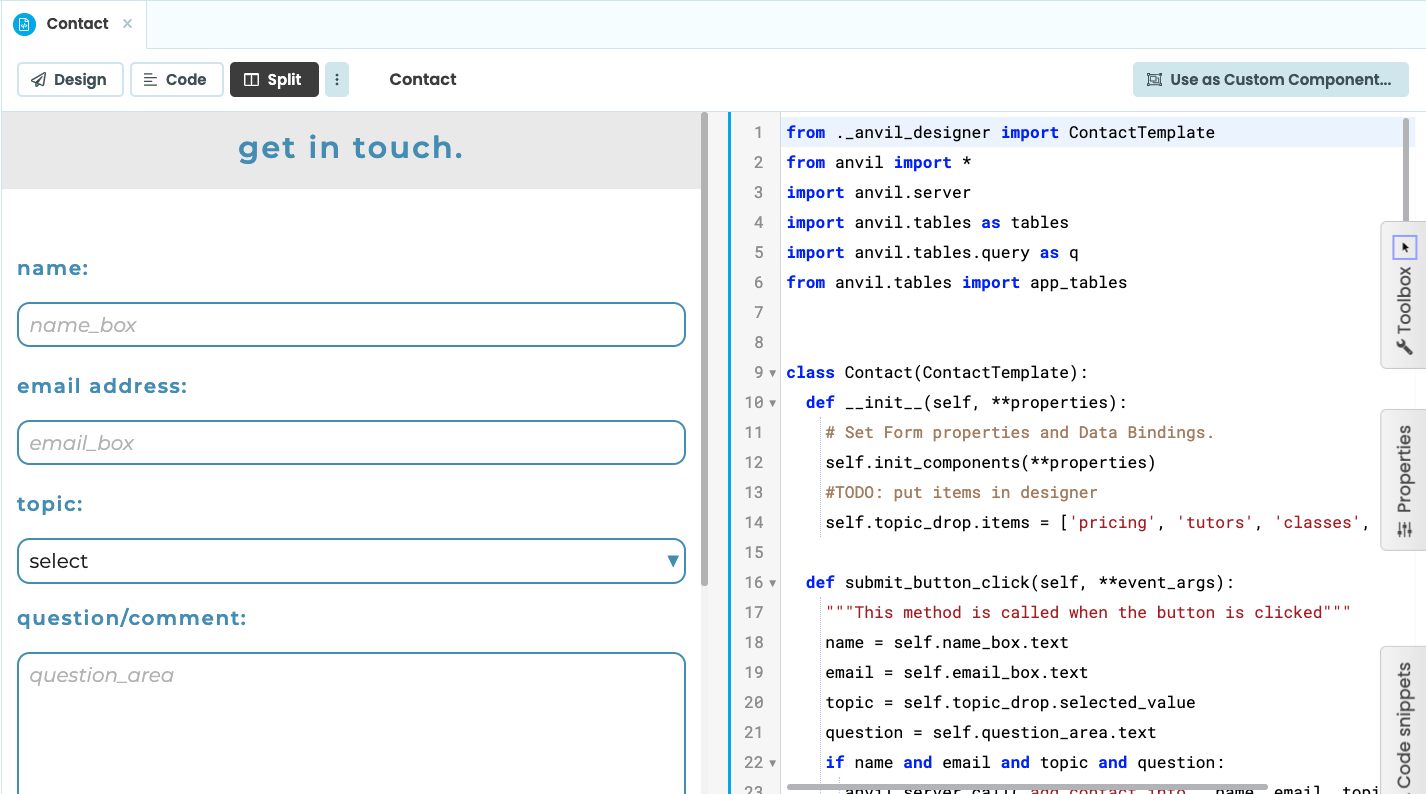 Split view in the new Anvil editor showing the design view on the left and code view on the right