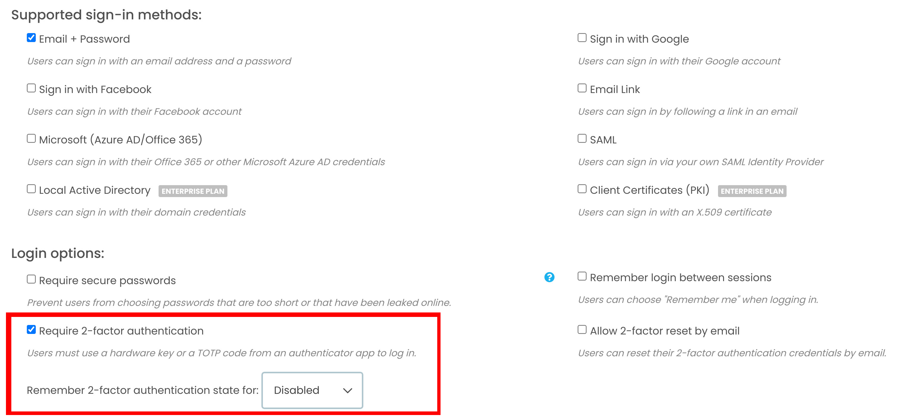 A screenshot of the Users Service, highlighting the &lsquo;Require 2-factor authentication&rsquo; section.