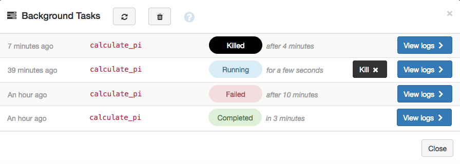 A list of background tasks that have run, with their statuses and 'view logs' buttons.