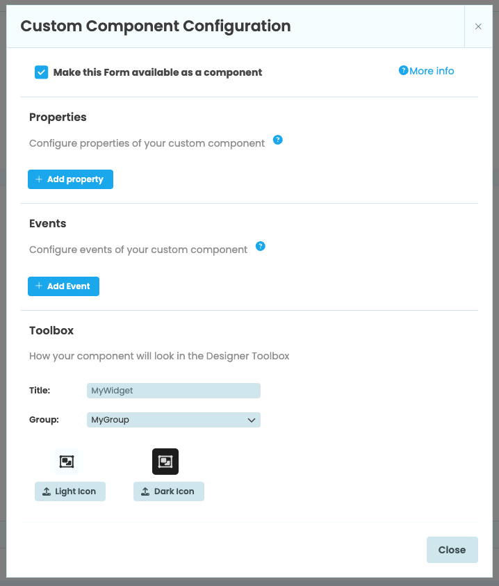 The Custom Component Configuration dialog