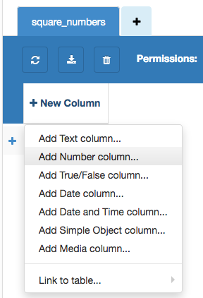 Data Tables Service with Add A Column dropdown open