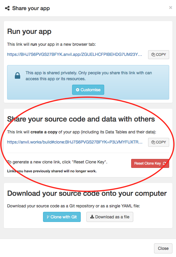 The 'Share your app' dialog with the clone link box highlighted.