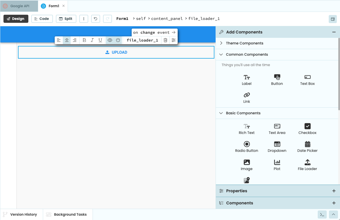 The Design View with a single FileLoader dropped in.