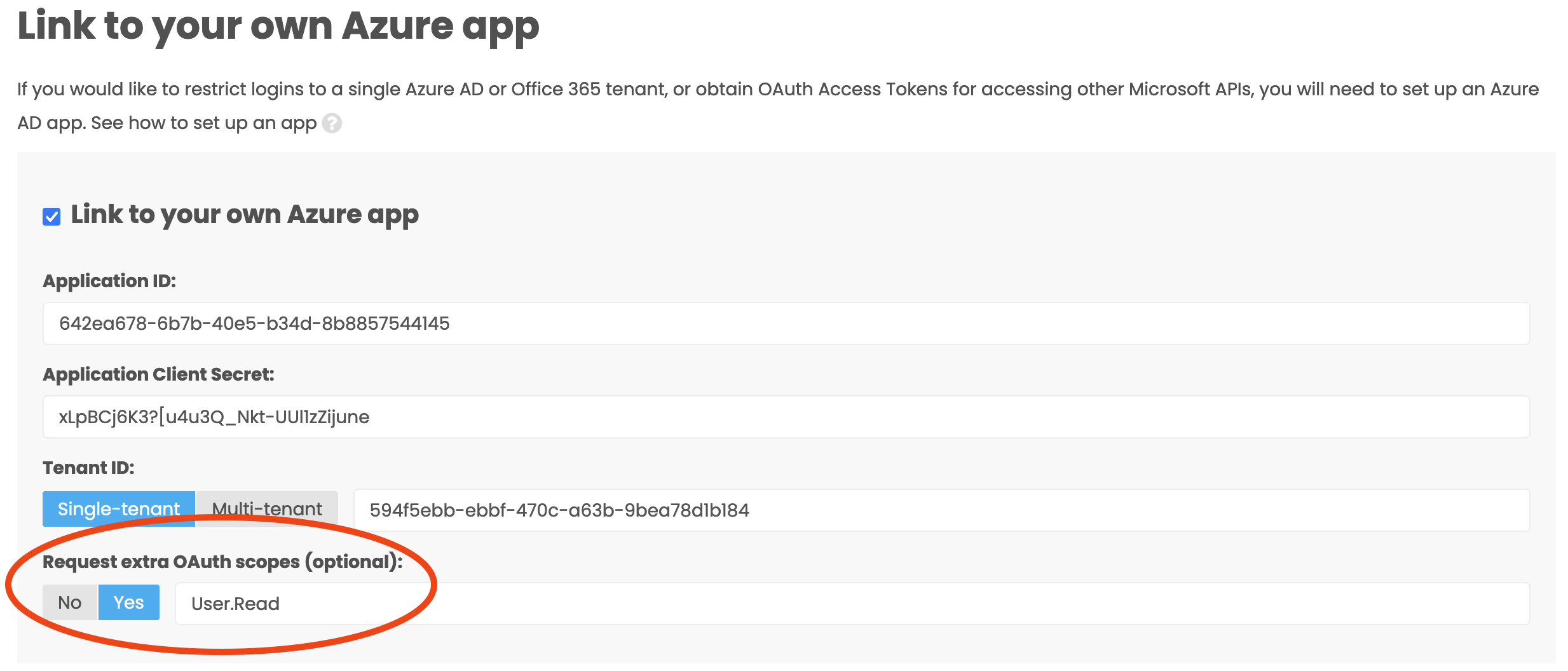 Part of the Anvil Microsoft API Service view with the Request extra OAuth scopes selector set to 'yes' and User.Read entered into the adjacent text box.