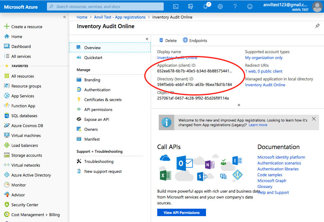 Azure Portal's app registration overview. There are two relevant GUIDs: one marked 'Application (client) ID', and another marked 'Directory (tenant) id'.