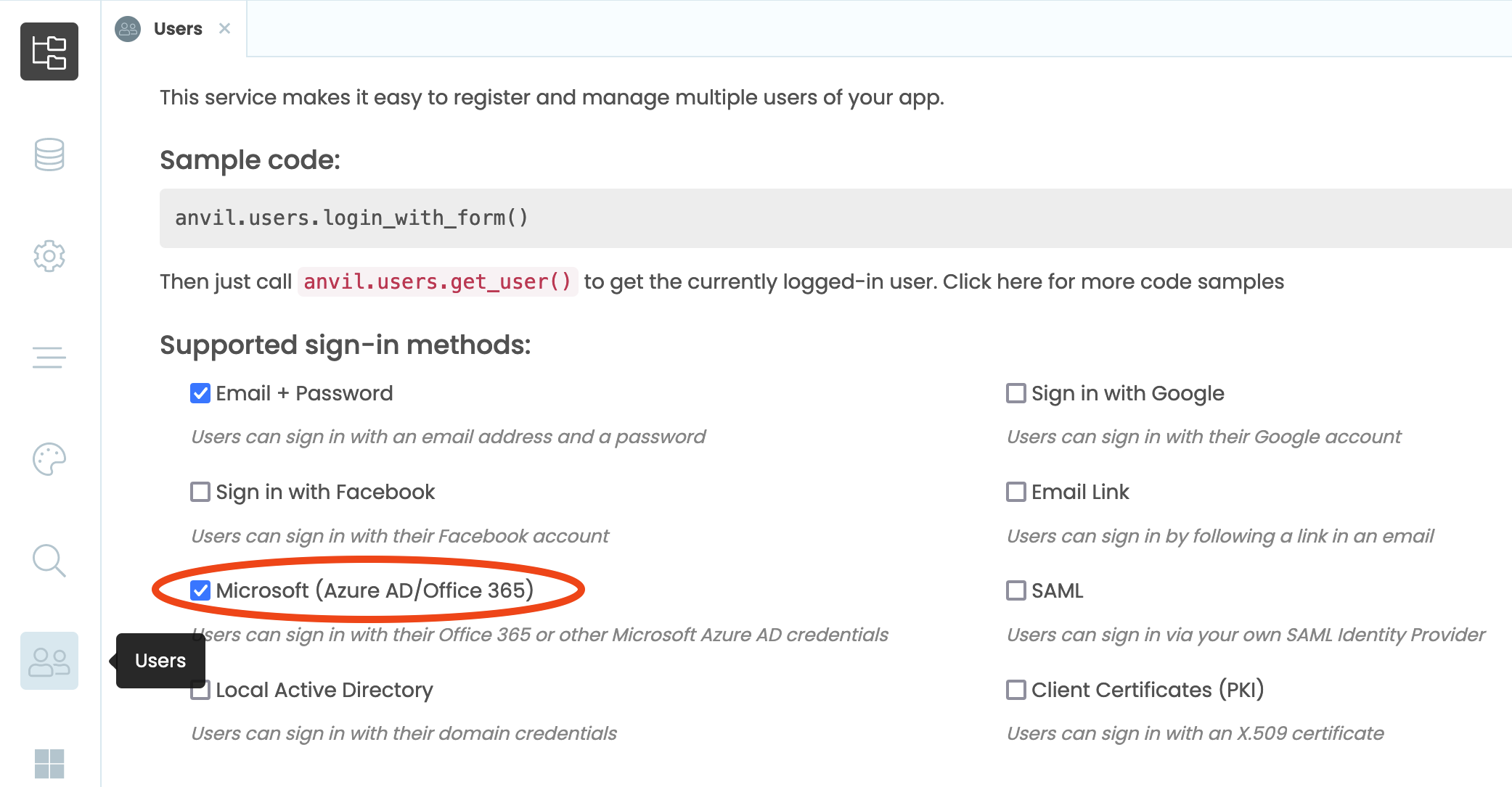 The Users Service config screen with Microsoft (Azure AD/Office 365) checked.