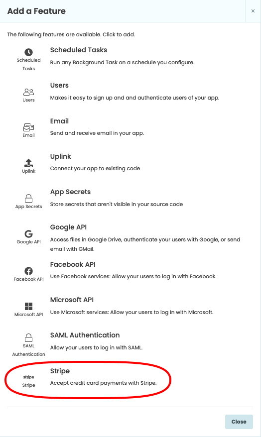 Services list with Stripe highlighted