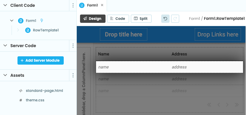 A Data Grid with a Repeating Panel inside it. The App Browser shows that the RepeatingPanel's `item_template` is called RowTemplate1.