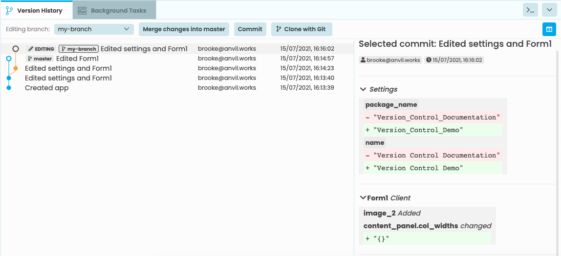 Version History tab showing a commit with a button added to Form1 and a title change