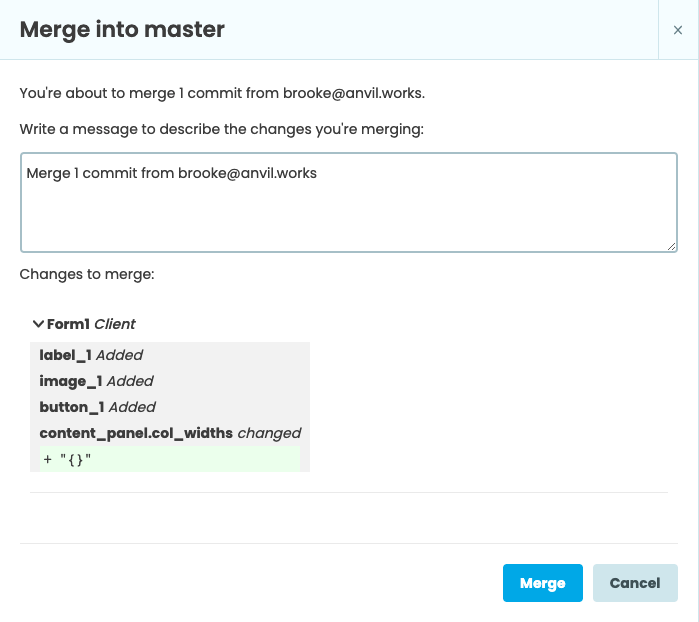 Dialog for merging branch into master