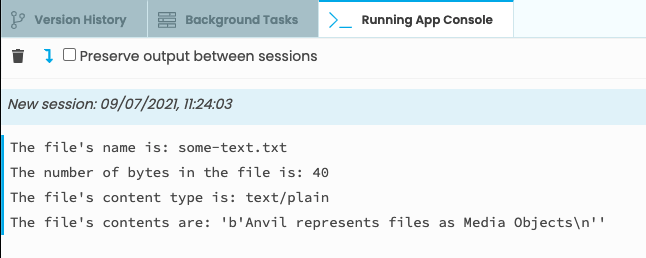 App Console showing the name, length, content type, and contents of a simple text file