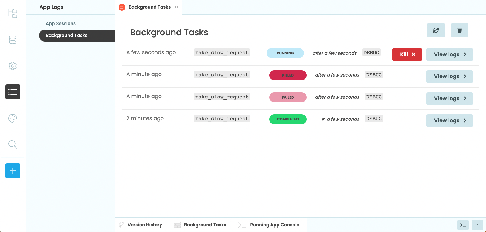 A list of background tasks that have run, with their statuses and 'view logs' buttons.