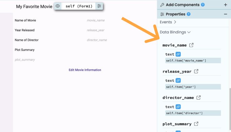 Creating a Data Binding in the Properties Panel