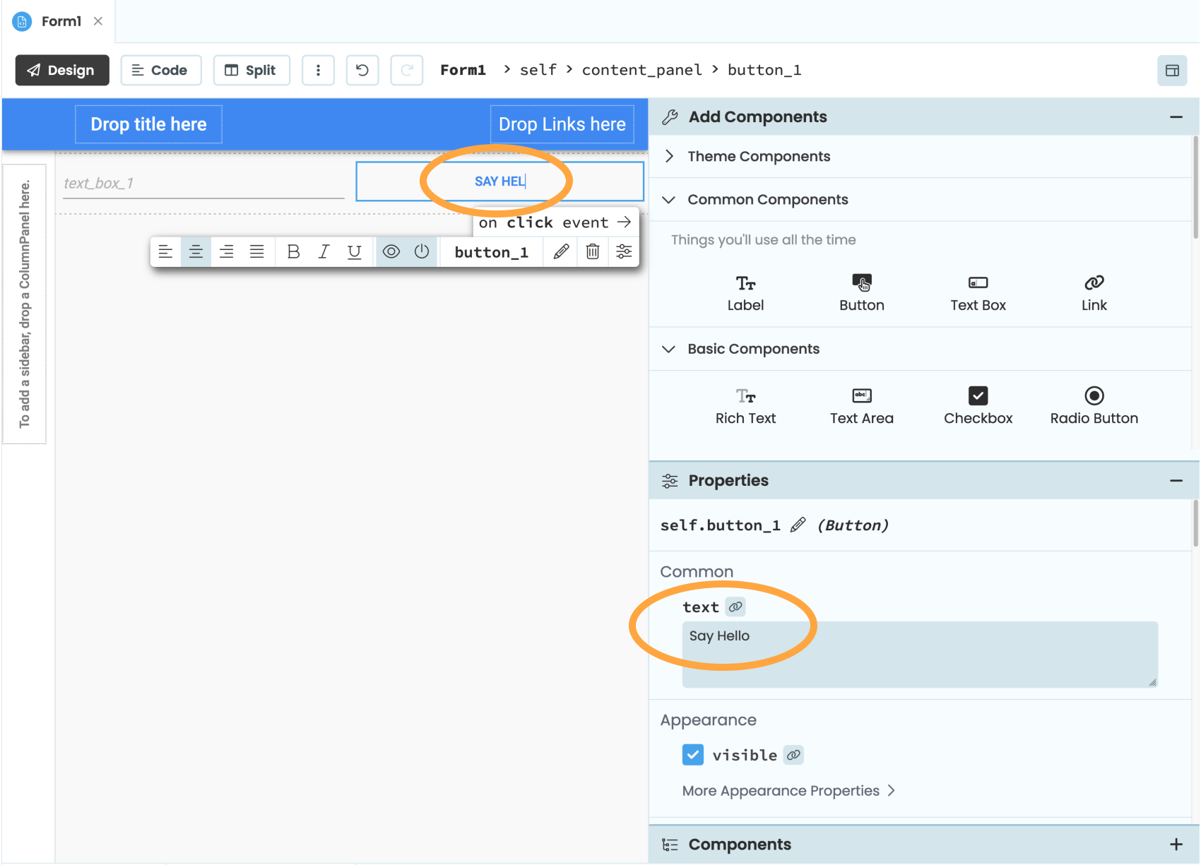 Changing the text of a Button using the Properties Panel