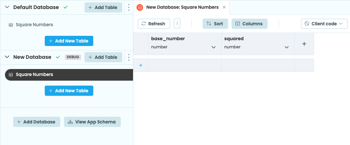 A screenshot of the new Anvil Editor showing two databases, one called 'Default database' and the other called 'Dev databse'