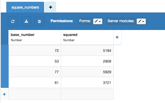 The Data Tables Service UI showing data in the table