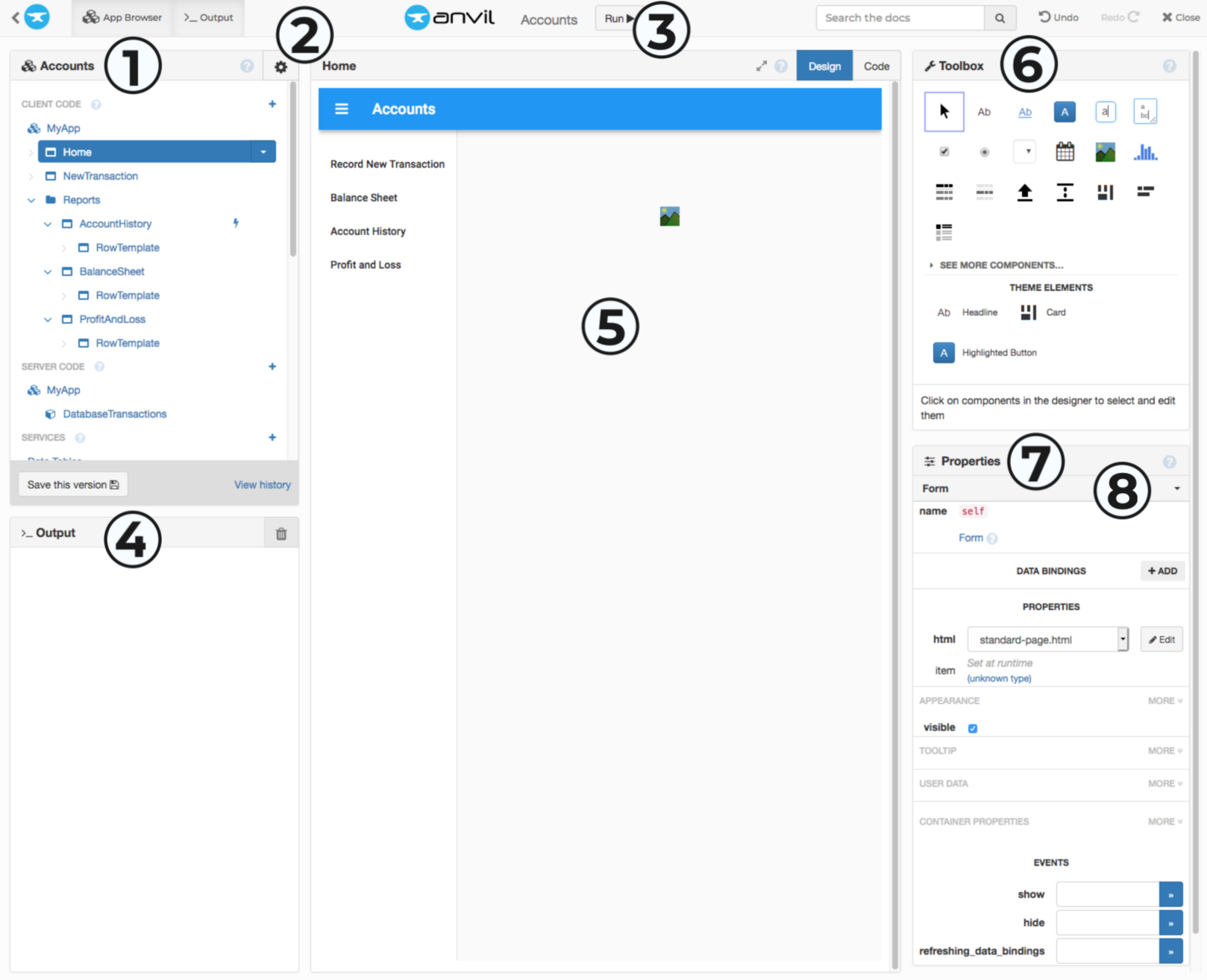 The Anvil Editor with numbers 1 to 6 on the major sections.