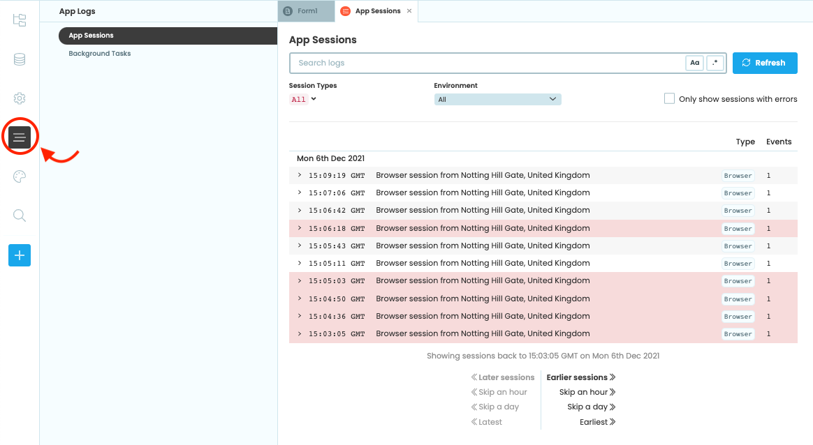 Select App Logs&hellip; from the Sidebar Menu