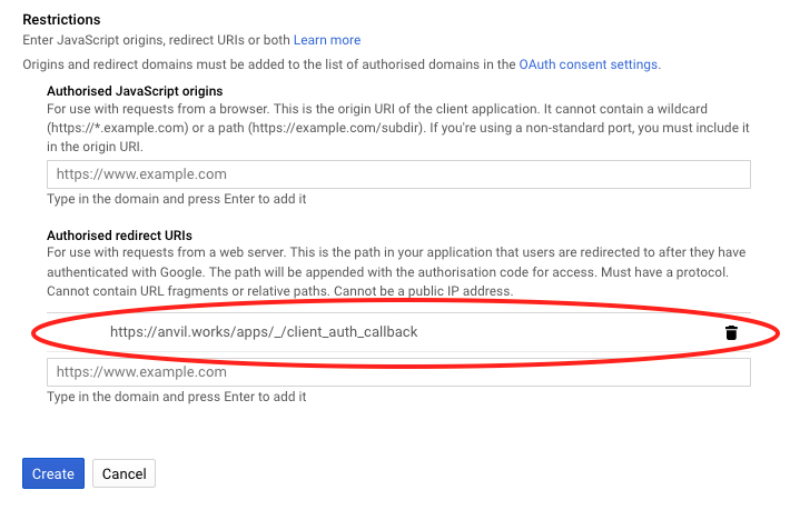 The Authorised Redirect URIs list with the Anvil client_auth_callback URI added.
