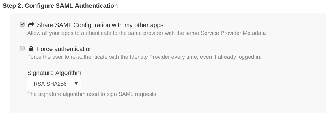 SAML configuration screen showing the 'Share SAML configuration with my other apps' tickbox