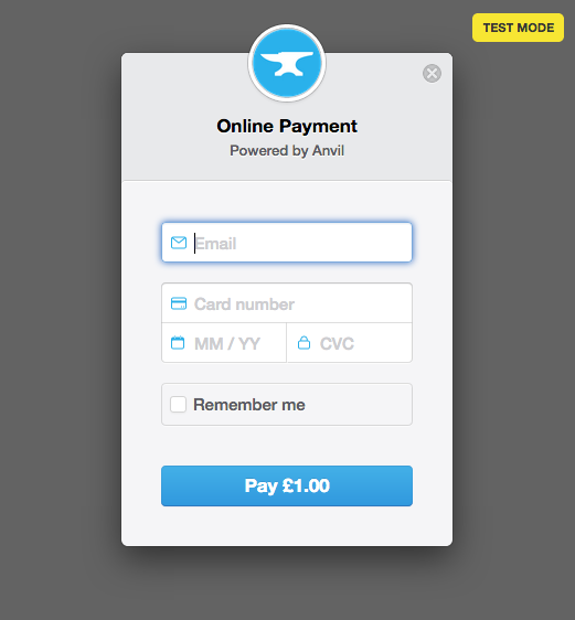 A Stripe Payment form with a label indicating that it's in test mode