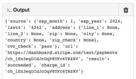 The Output Panel showing a Python dictionary containing details of the test transaction that has just been made.