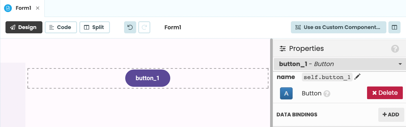 The Design View with a single button that says 'button_1' on it, showing the Properties Panel where the name is 'self.button_1'.