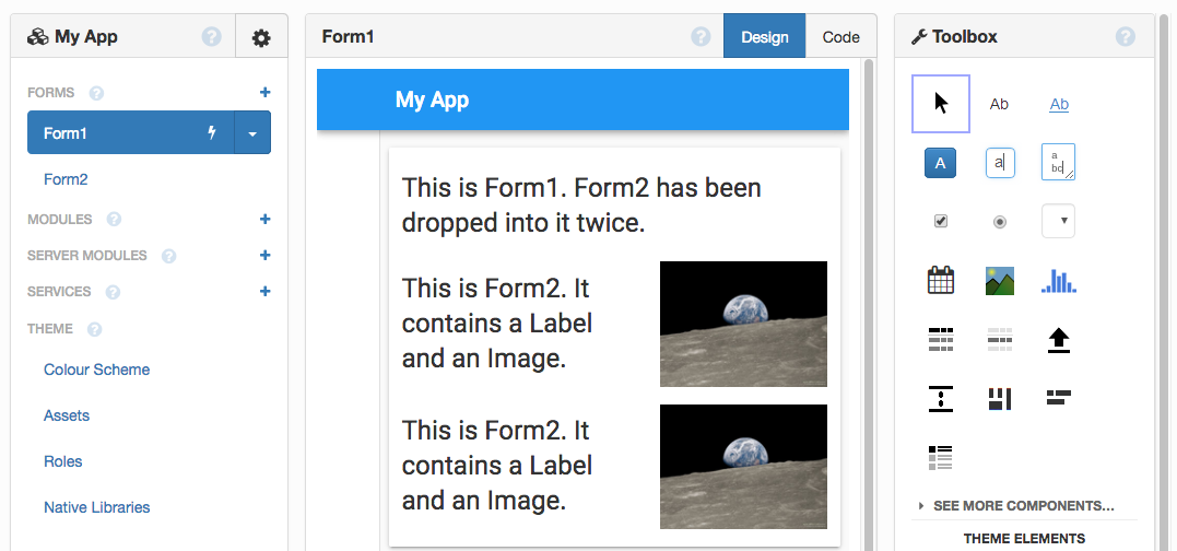 A Material Design Form with two of the Forms from the previous image dropped into it.