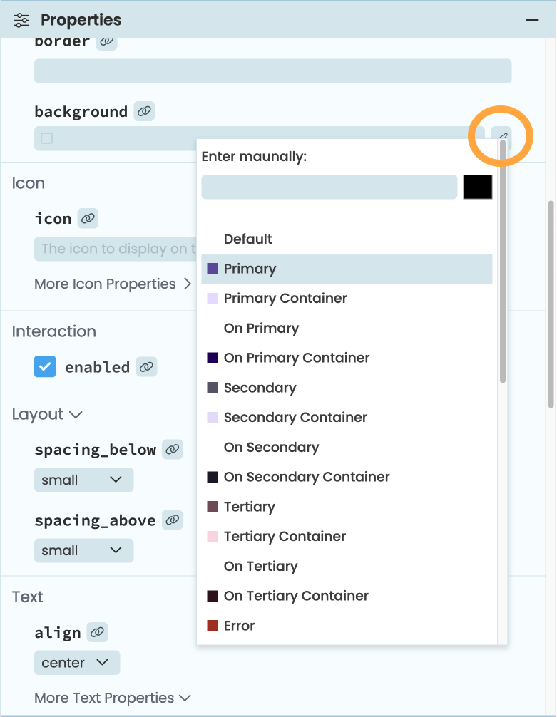 Choosing the background colour of a Button
from the Properties Panel