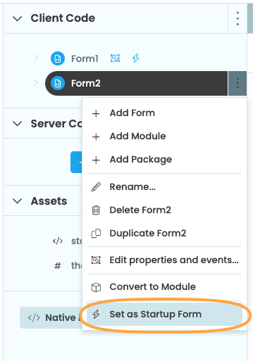 Switching Form2 to be the startup Form in the app