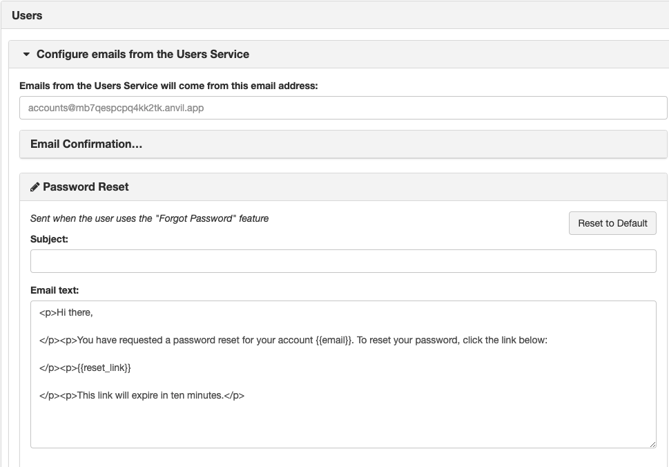Configuring the password reset email from the Users Service