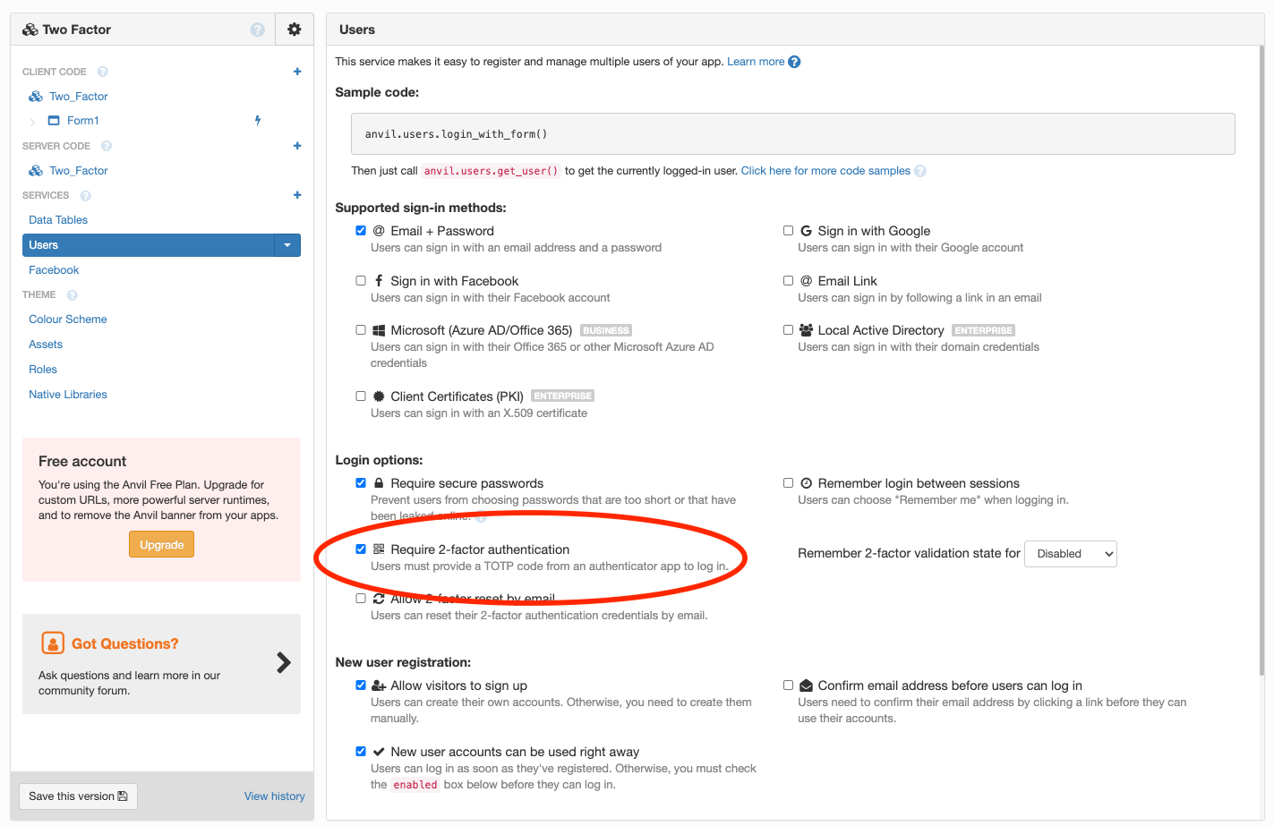 Location of Require Two-Factor Authentication setting