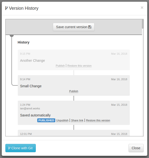 The Version History dialog. There is a tree of commits, one of which is published, There are buttons to save the current version, and to clone the app with Git.