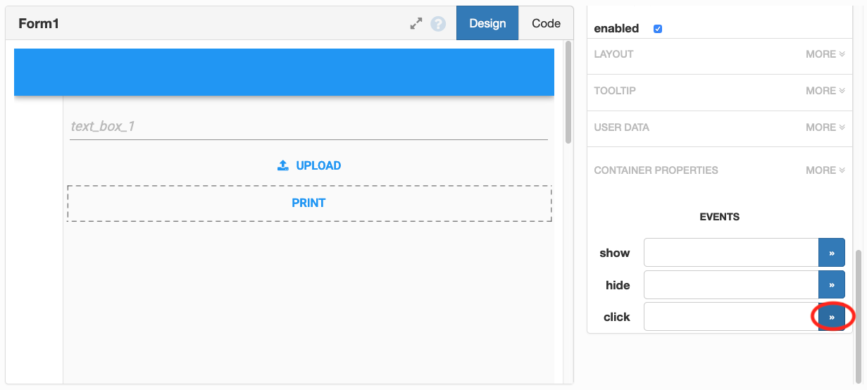 Configuring a click event handler for a Button using the Properties Panel