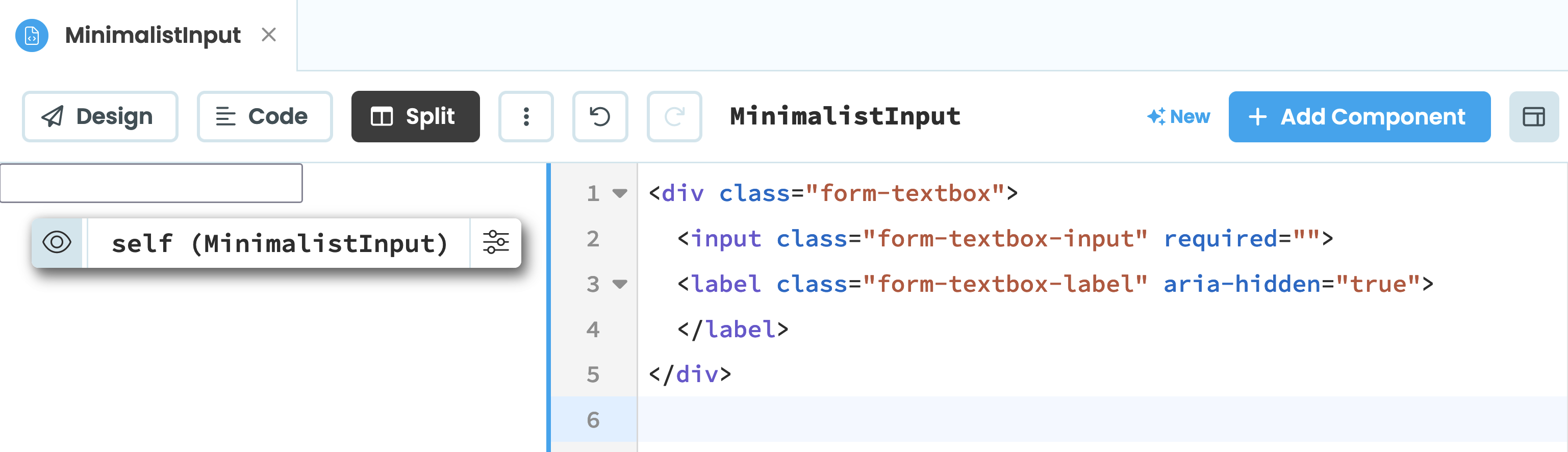 Split view showing the custom HTML and the rendered input field