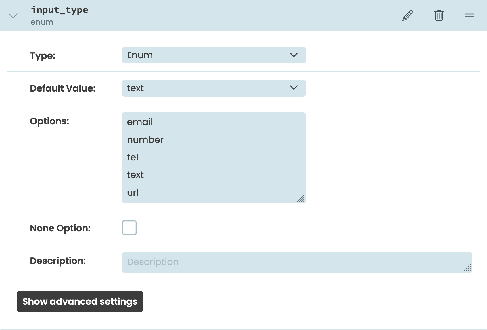 Screenshot of the input_type property in the Custom Component configuration modal