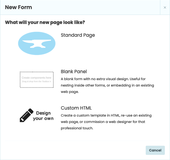 Modal for choosing what your page will look like.