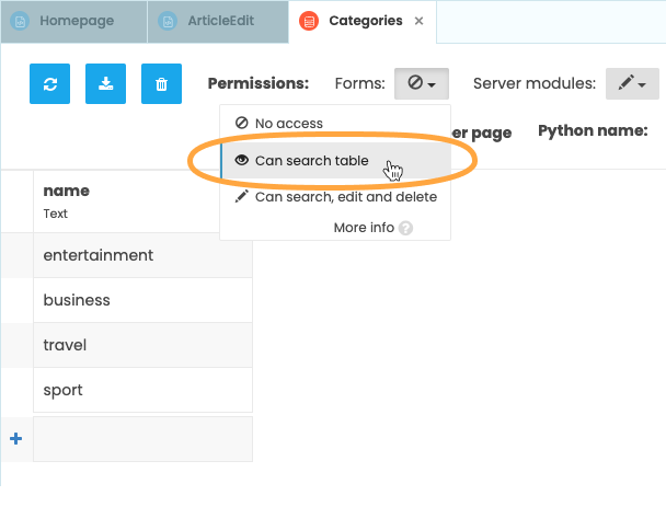 Changing the Data Table permissions to allow Forms to search the Categories table