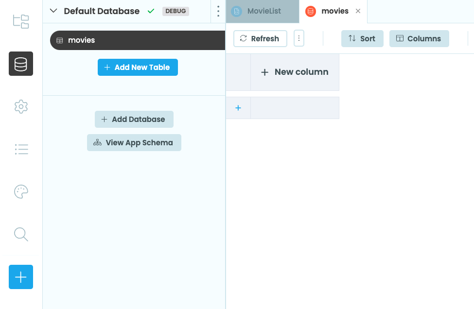 An empty Data Table called movies open in the Anvil Editor