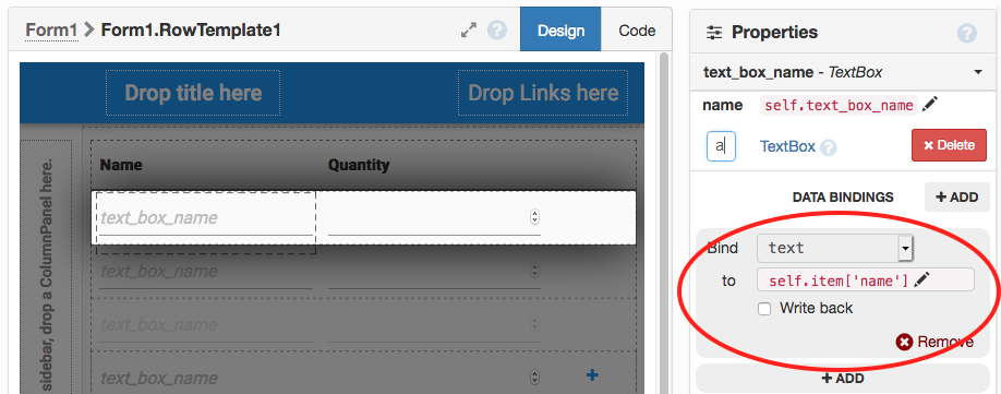 Data Binding for &rsquo;name&rsquo; TextBox