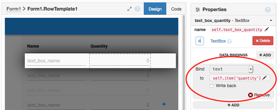 Data Binding for &lsquo;quantity&rsquo; TextBox