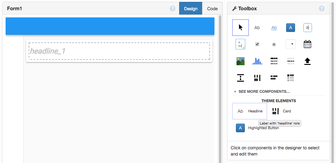 Adding a headline component to Form1 using drag-and-drop.