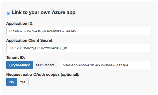 The same section from the Microsoft API Service view, with the keys filled in.