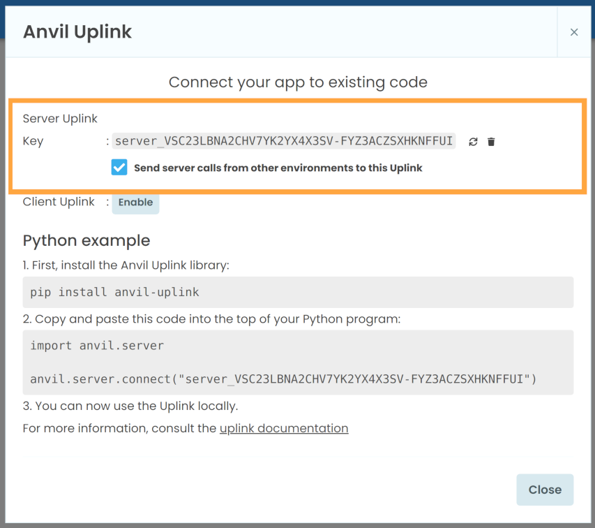 A screenshot of the Uplink dialog box, with the Uplink key section highlighted in orange.